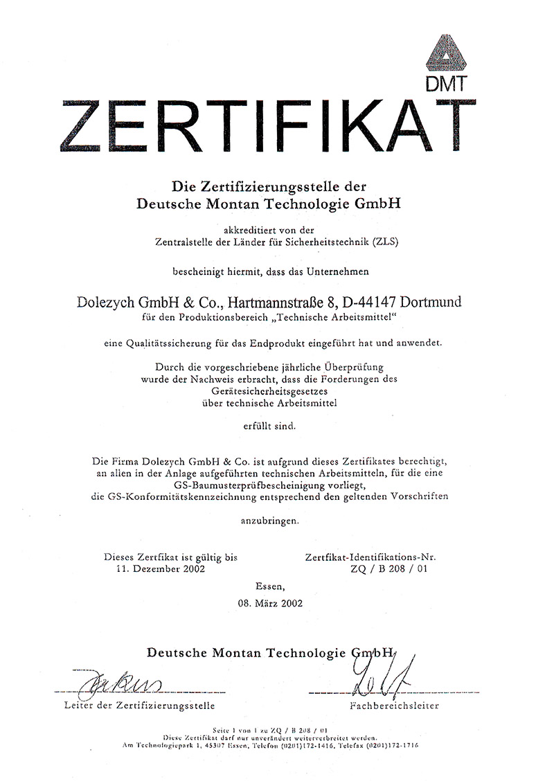 德國(guó)DOLECO多來(lái)勁吊具德國(guó)礦山協(xié)會(huì)證書